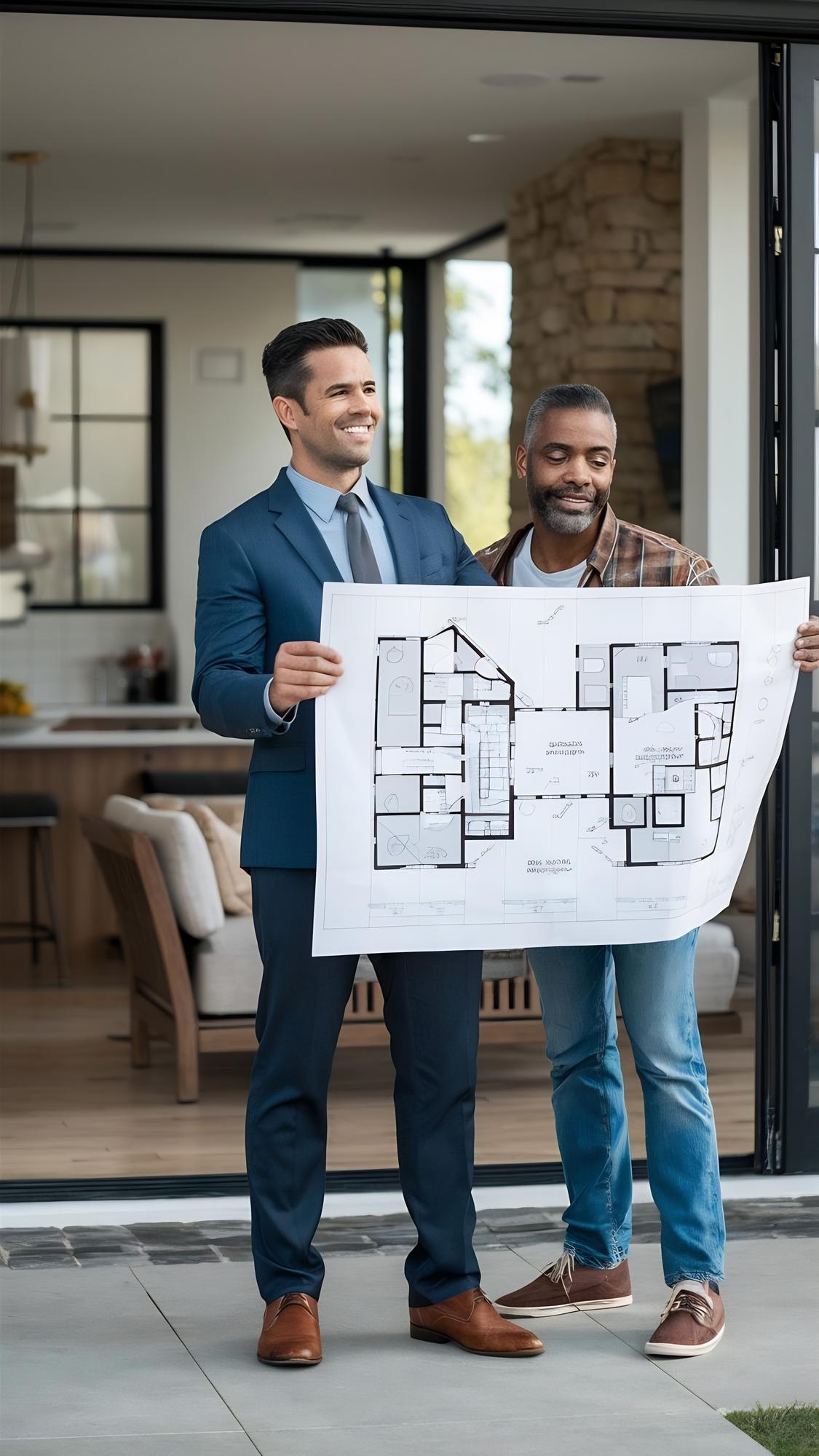 Consultant local arătând planul unui apartament